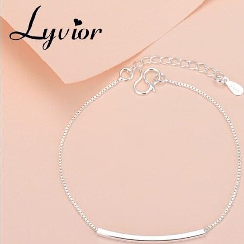 Lyvior 925 Silver Plated Square Tube Bracelet Simple Adjustable Ring Engagement Wedding Lady Clavicle Chain Gifts Her 2Pcs/lot