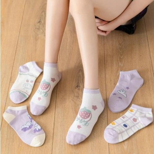Yishine Spring Summer 10 Pairs Sweet Purple Bear Pattern Casual Cotton Crew Sock Kawaii Animals Socks for Girls