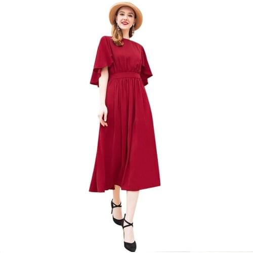 Office Lady Summer Dress Cascading Ruffle Elegant Dress Red Designer Mid-Calf RR90026