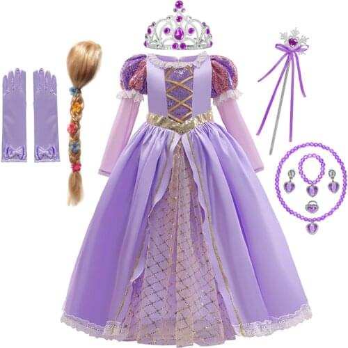 Fancy Rapunzel Princess Dress Girl Sequins Lace Bow Ball Gown Halloween Tangled Cosplay Costume Kids Puff Long Sleeve Clothing