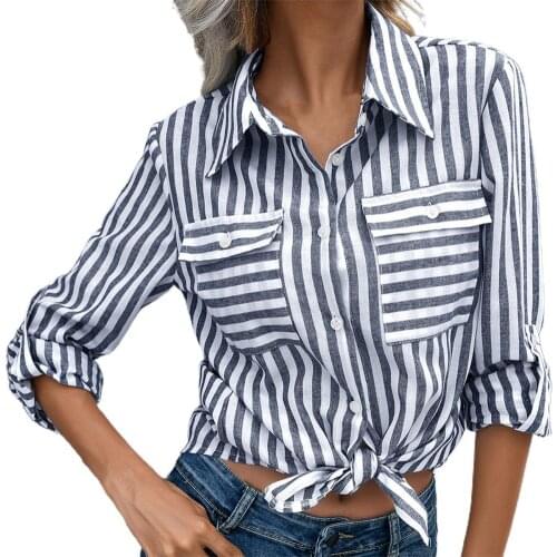 Striped Turn-Down Collar Women Shirt Slim Fit Button Down Two Pockets Casual Blouse Single Breasted Autumn Shirt Female Clothing