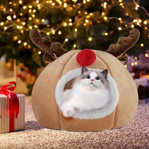 Christmas Pet Nest Warm Plush Elk-shaped Pet Cat Puppy House Kitten Bed Mats Tree Hole-shaped Cat Dog Sleeping Nest w/Corners