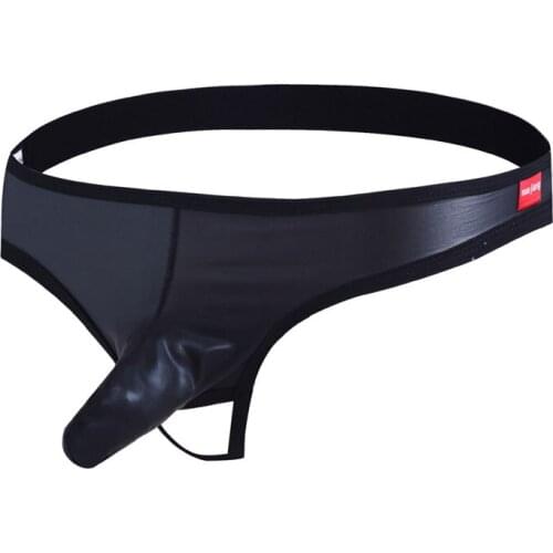 Sexy Men Faux Leather Cock Ring Open Crotch Sexy G-String U Convex Pouch Brief Cockring Gay Wear Low Rise G-string Plus Size F13