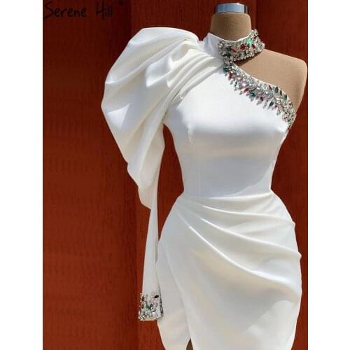 Serene Hill White Puff Sleeve Mermaid Split Evening Dresses Gowns 2021 One Shoulder Diamond For Women Party LA70874