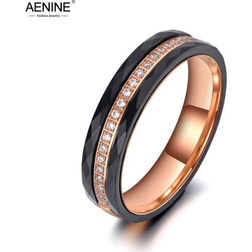 Trendy Titanium Stainless Steel Black Ceramic Ring Jewelry Rose Gold Classic CZ Crystal Wedding Rings For Women R19141