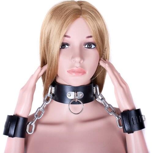 Heavy Chain Hand Cuffs with Neck Collar Restraint Wrist Cuffs Slave Harness Bondage Adult Fetish Product PU Leather Sex Game Toy