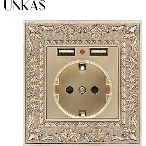 UNKAS Zinc Alloy High-End Retro 16A Gold EU Standard Power Wall Socket With Dual USB 2.1A Charging Port Embossed Panel