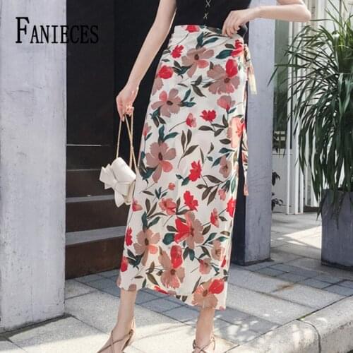 Low-cost wholesale Vintage Chiffon Midi Skirts Women 2021 Summer Floral Print High Waist Beachwear Woman Boho Bandage Skirt