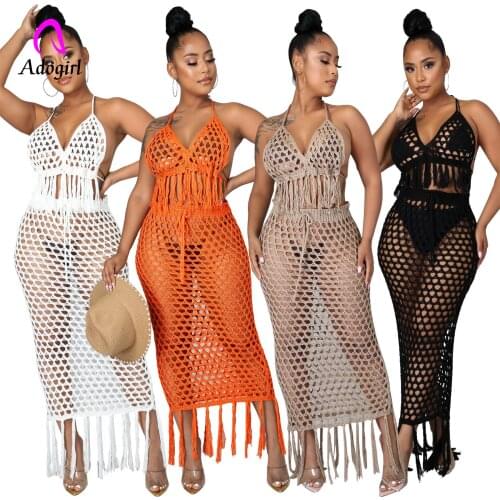 Fishnet Women Beach Cover-ups Solid Halter Tassel Crop Tank Top Bodycon Skirt Matching Set 2021 Summer Sexy Backless 2 Piece Set