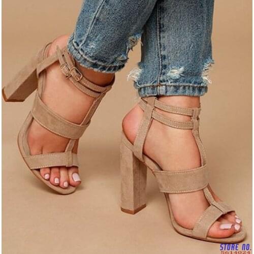 Women Sandals Block Heels Hollow Sandals Ankle Buckle Strap High Heel Shoes Women Rome Shoes Plus Size 34- 43 Zapatos De Mujer