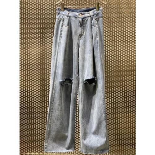 Spring High 2021SS Quality Women Hole Wide Leg Denim Pants Female Casual Jeans Ddxgz2 4.04