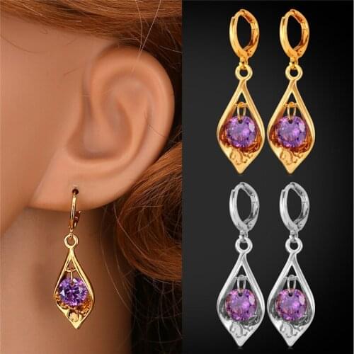 Kpop Purple Earrings For Women Teardrop-shaped Cubic Zirconia yellow Gold/Silver Color Earrings Fashion Jewelry For Gift E206