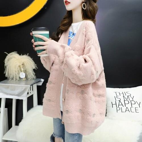 Animal Appliques Cardigans Womens 2020 Autumn Winter Loose Knit Sweater Coat Cute V Neck Single Breasted knitted Jumpers