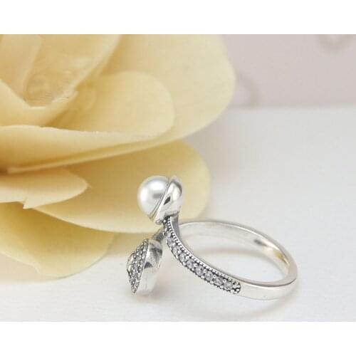 Free Shipping Real 925 Sterling Silver Ring Shining Pearl Twist Arm Opening Rings For Womens Gift Banquet Jewelry