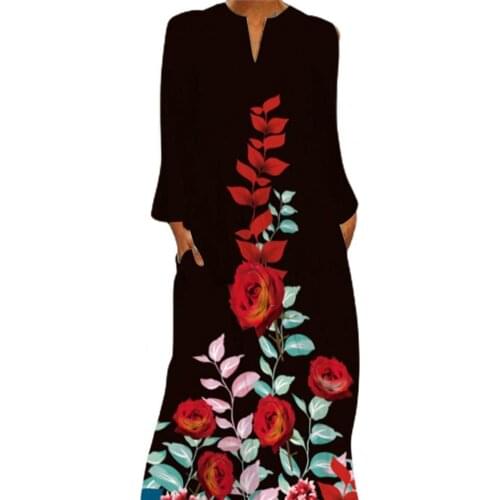 2021 New Women Dress Chinese Style Flower Print Long Sleeve V Neck Insert Pockets Plus Size Large Hem Banquet Dresses Autumn