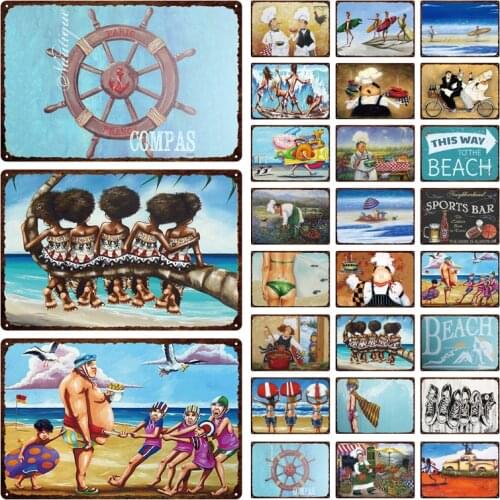 Beach Metal Tin Sign Metal Vintage Plaque Summer Seaside Wall Sign Beach Decoration Bar Club Restaurant Decoration Plate 20x30cm