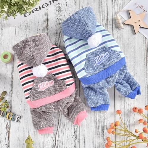 Stripe Ball Hoodie Costume For Small Dogs With Pocket Pink Blue Winter Warm Thicken Puppy Coat Fleece Outfit Ropa Perro Clothes