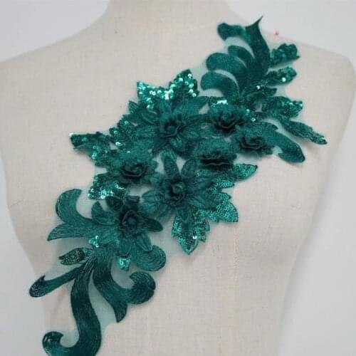 1 Pcs Dark Green Applique Sequins Embroidery 3D Flower Lace Applique Trim Dress Fabrics DIY Material for Weddings Lace