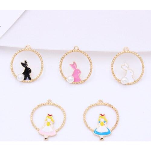 10pcs Korean animation enamel fairy tale round circle Alice in Wonderland charms rabbit earrings creative accessories wholesale