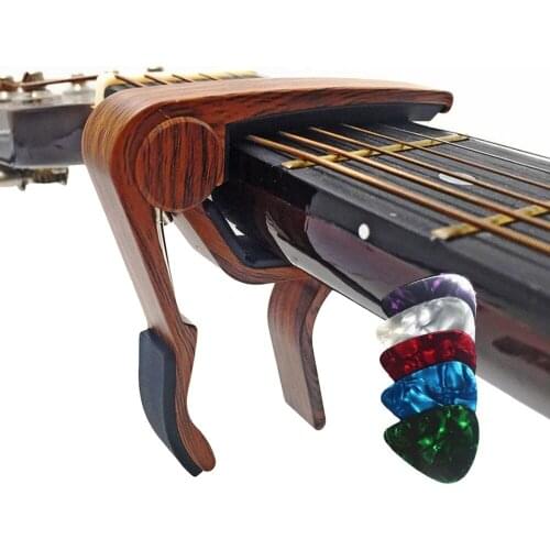 2pcs Ukulele Basses Banjo Acoustic Classic Electric Folk Guitar Capo Trigger Clamp Wood Grain Brown with 10 Assorted Picks set