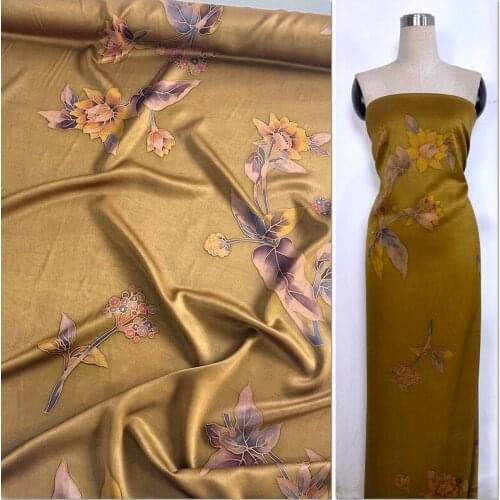 35 Momi Heavy Silk Fabric Cheongsam Dress Pants Satin Hand-painted Fragrant Cloud Yarn Turmeric And Lotus Branch