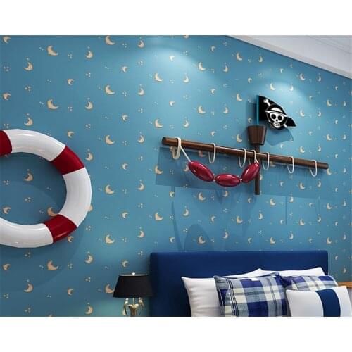 Beibehang Cartoon childrens room bend moon cartoon wallpaper childrens room living room bedroom study 3D wallpaper Blue yellow