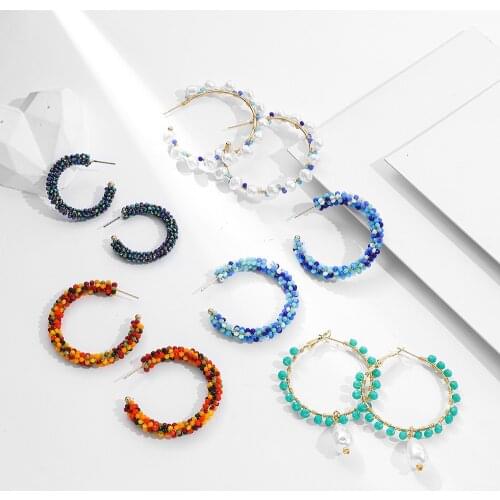 Bohemia Multicolor Acrylic Beads Pearl Hoop Earrings for Women Trendy Geometric C-shape Circle Earrings Bijoux Brinco 2021