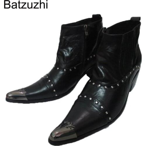Batzuzhi Japanese Style ROCK High Help Man Boots Pointed Toe Boots Man Leather Boots Black for Men Bota Masculina, EU48-46