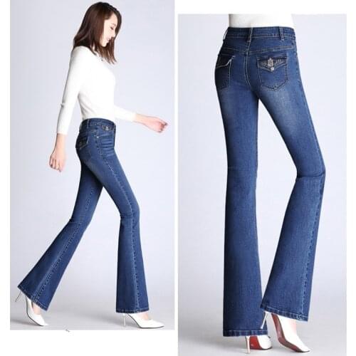 Brand Flare Pants Scratched Embroidery Womens Beautiful Clothing Jeans 2019 High Waist Jeans Skinny Plus Size Blue Trousers