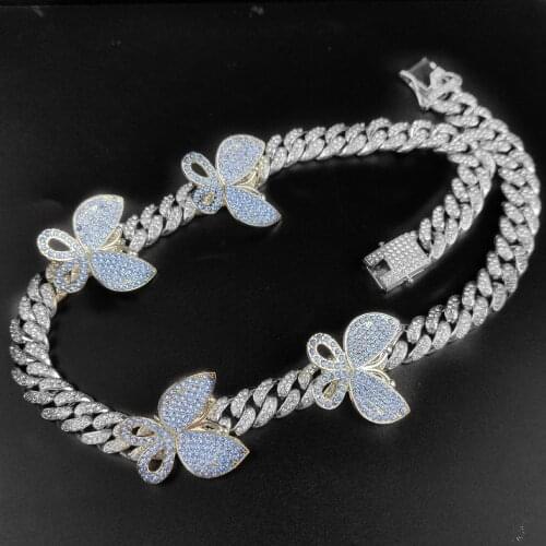 Hip Hop Iced Out Paved Rhinestones 12MM Gold Full Miami Curb Cuban Chain Blue Butterfly Bling choker Necklaces For Men Jewelry