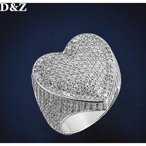 D&Z New Heart Ring High Quality Copper Ring Iced Out Cubic Zirconia Stones Hip Hop Fashion Delicate Jewelry Gift Men Women