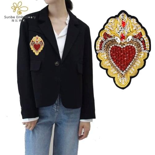 Rhinestons Beaded Heart Patches Indian Silk Badges Sew on Brooches Applique for Office Lady