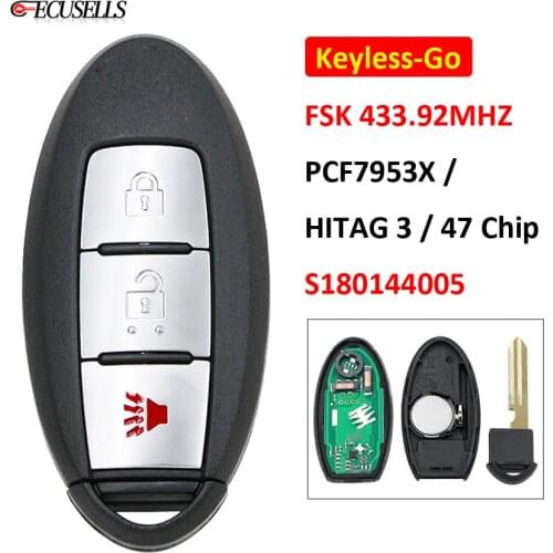 3 Button Keyless-go Remote Car Key FSK 433.92Mhz PCF7953X / HITAG 3 / 47 Chip For Nissan Pathfinder 2013 2014 2015 S180144005