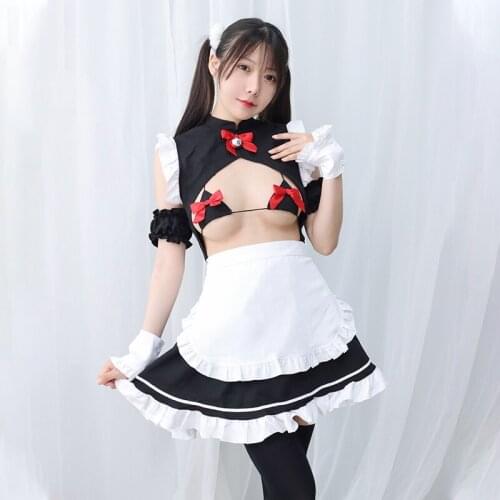 Lolita Girls Bust Open Maid Cosplay Costume Anime Maid Uniform Sexy Catwomen Outfit Belt bow-knot Mini Dress For Women Drop Ship