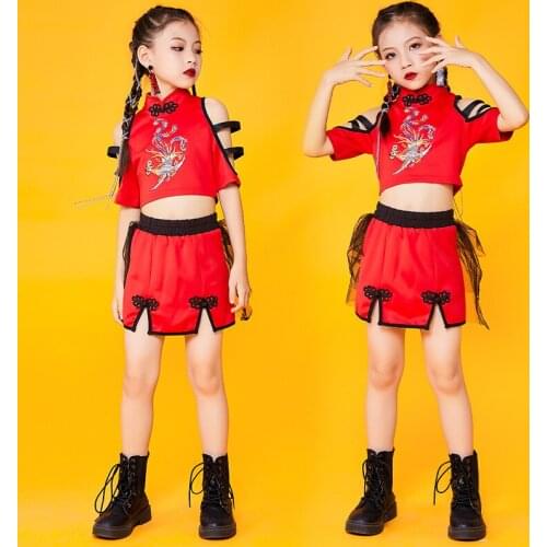 Girls Jazz Dance Costumes Performance Stage Wear Chinese Style Hip Hop Clothing Catwalk Red Outfits Summer Rave Clothes DNV15086