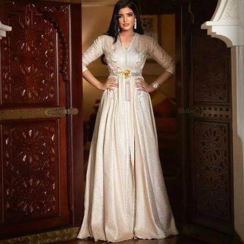 Moroccan Kaftan Caftan Muslim Evening Dresses A-line V-neck 3/4 Sleeves Sequins Appliques Dubai Arabic Turkey Abaya Islamic Gown