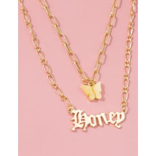 Honey Pendants Multilayer Butterfly Fashion Necklace Gold Letter Choker Necklace Pendant Two Layer Gift for Women Girls