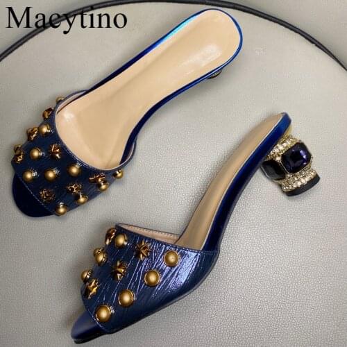 2020 Women Slides Low High Heels Blue Spike Mules Fetish Summer Fashion Slip On Peep Toe Strange Heel Sandals Heels Slippers