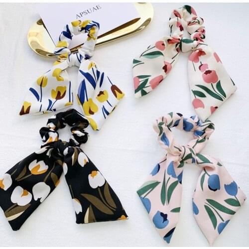 France Tulips Hair Band Headband For Women Spring High Quality Silk Flower Print Hair Accessories Elastic Rubber Bands Wholesale