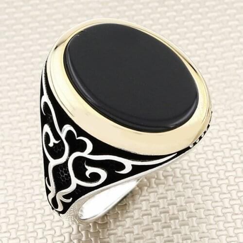 Oxidized Round Black Onyx Stone Men Silver Ring With Bronze Color Symmetrical Motif Made in Turkey Solid 925 Sterling Silver