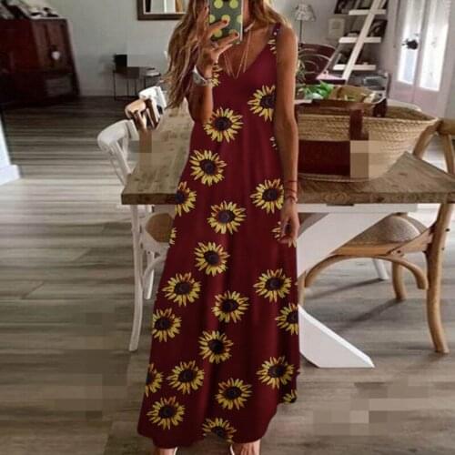 Summer Women Dress Casual Style Sling Floral Long Dresses Boho V-Neck Sleeveless Beach Floral Print Maxi Dress Casual Sundress