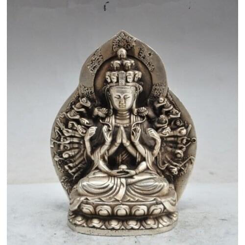 Elaborate Chinese Tibetan Silver Buddhism Fane 1000 arms Kwan-Yin Guan Yin Bodhisattva buddha statue