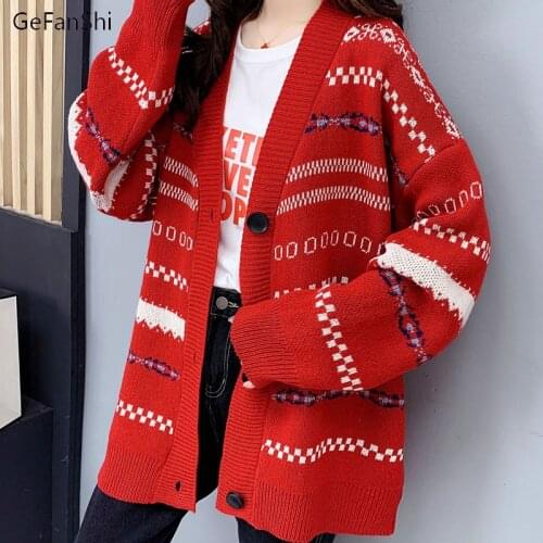 V-Neck Vintage Longe Sleeve Cardigan Print Buttons Knitted Sweater Women 2021 Autumn Winter Casual Loose Sweaters Coat & Jackets