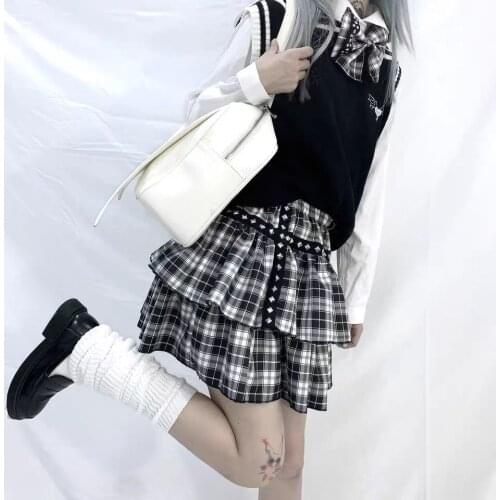 Gothic Women skirt White black plaid short skirts Rivet punk style Double layer High waist Ball Gown MINI skirt female
