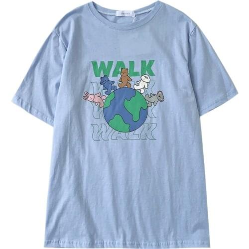 Protect the Earth Home Cute Cartoon Print Summer Round Neck Loose Thin All-match Short Sleeve T-shirt