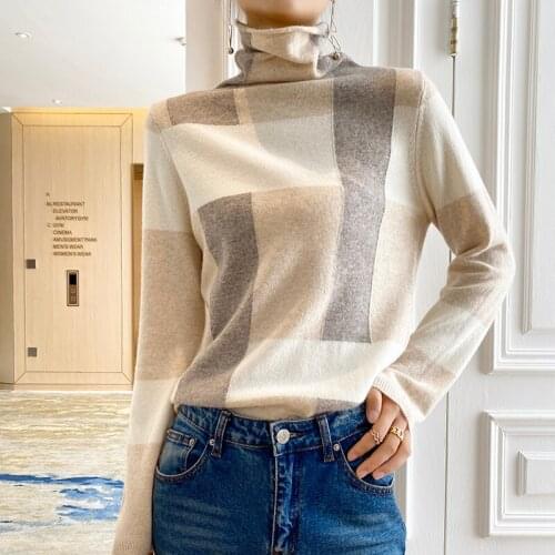 2021 Autumn / Winter Cashmere Sweater Woman High neck Pullover Casual Knitted Color Matching Plaid Tops 100% Pure Wool Jacket