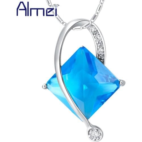 Almei 2017 Long Necklace for Women Square Blue Red Purple Stone Silver Color Colares Femininos Pendants& Necklaces Jewelry N886