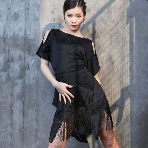Latin Dance Dresses Female Adult Sexy Short Sleeve Split Tassel Salsa Practice Clothes Womens Stage Performance Dress DL6603