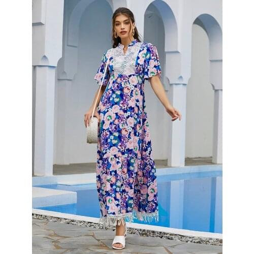Maxi Dress for Women Elegant Stand Collar Floral Short Sleeve Tassel Patchwork Ethnic Clothes Sukienka 2021 Summer Blue