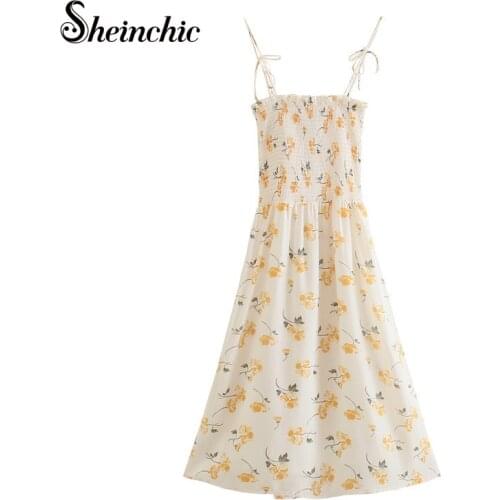 Sexy Spaghetti Strap Pleated Midi Dresses for Women Summer 2021 Bohemian Yellow Floral Printed Chiffon Dress